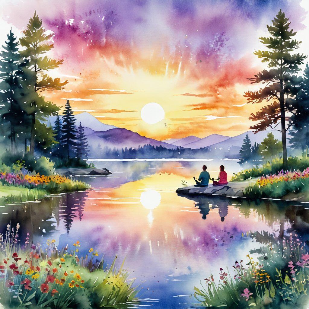 A serene landscape depicting a sunrise over a peaceful lake, with people engaging in joyful activities like meditating and laughing together, surrounded by vibrant wildflowers and lush greenery. The scene radiates warmth, positivity, and connection, symbolizing genuine satisfaction and joy. soft focus. watercolor style. bright and lively colors.
