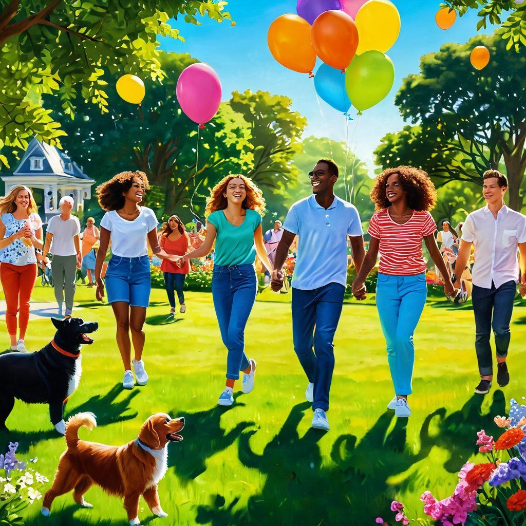 A vibrant scene depicting a diverse group of people engaged in joyful activities such as laughing, dancing, and sharing moments in a sunlit park. In the background, lush greenery and colorful flowers enhance the sense of happiness. Include elements like smiling pets and balloons to amplify the cheerful atmosphere. super-realistic. vibrant colors.