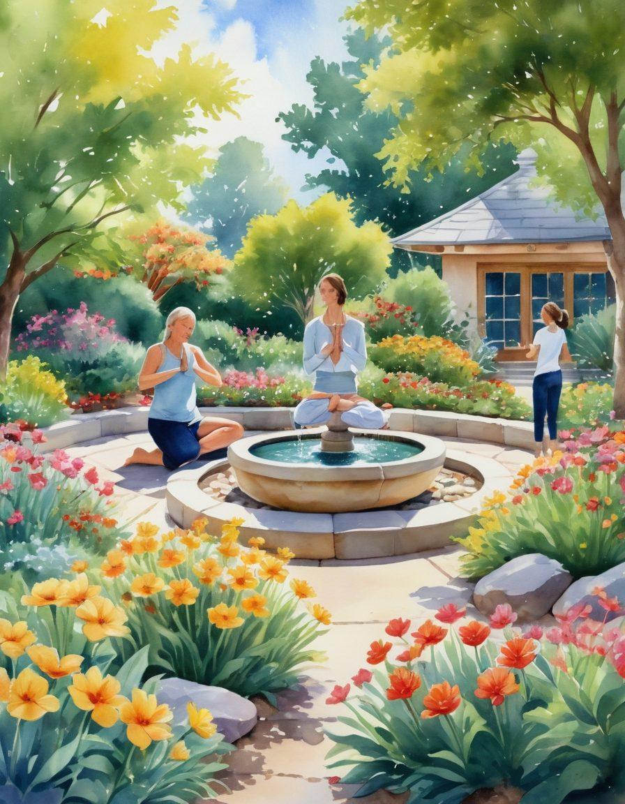 A serene garden filled with vibrant flowers and lush greenery, where a diverse group of people joyfully engage in various uplifting activities like yoga, painting, and laughing together. Bright, sunny skies overhead, symbolizing positivity and happiness. Incorporate subtle elements of mindfulness, like stones arranged in a zen pattern and a nearby fountain. Emphasize warmth and community spirit. watercolor painting. vibrant colors.